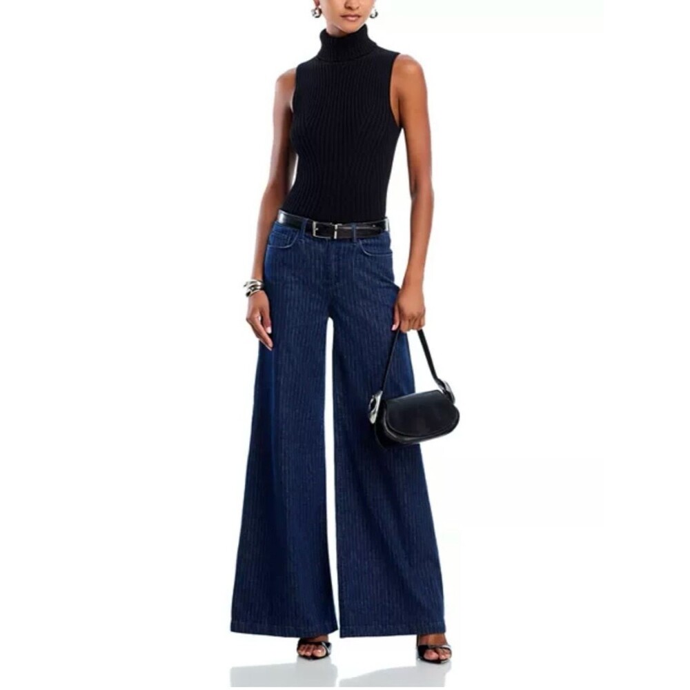 L'Agence Quincy High Rise Wide Leg Jeans in Ebony Stripe Pinstripe Size 25